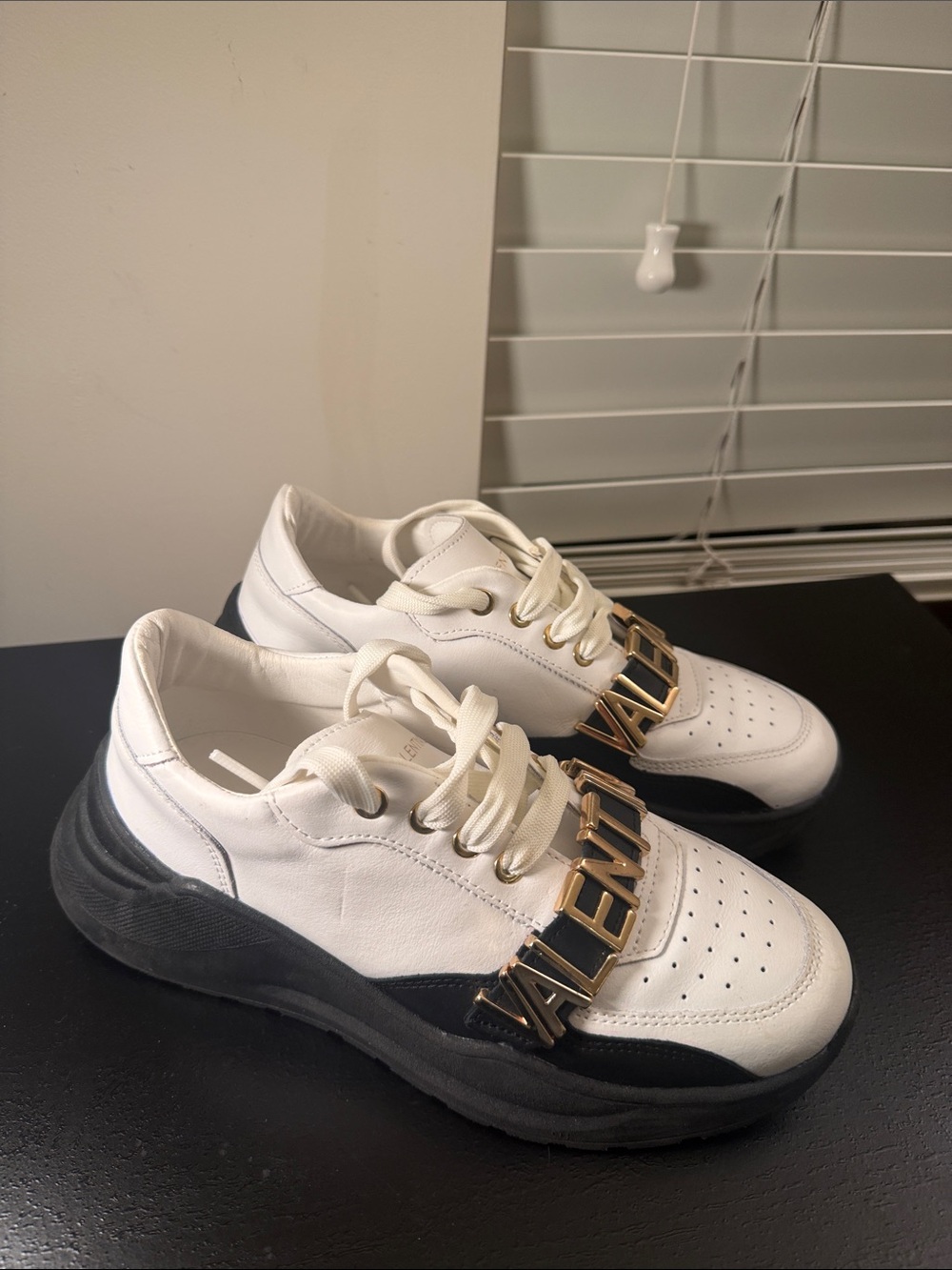 Valentino White Black Leather Sneakers with Gold Logo Detail